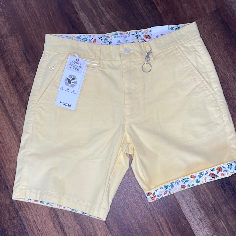 Denim & Flower Shorts, Yellow, 7” Inseam